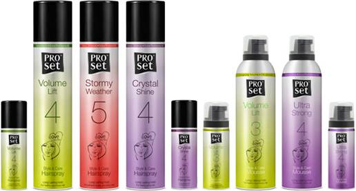 Vernieuwde look voor de Proset Specialty-range Hairsprays 14 ProSet Style & Care Hairspray and Mousse